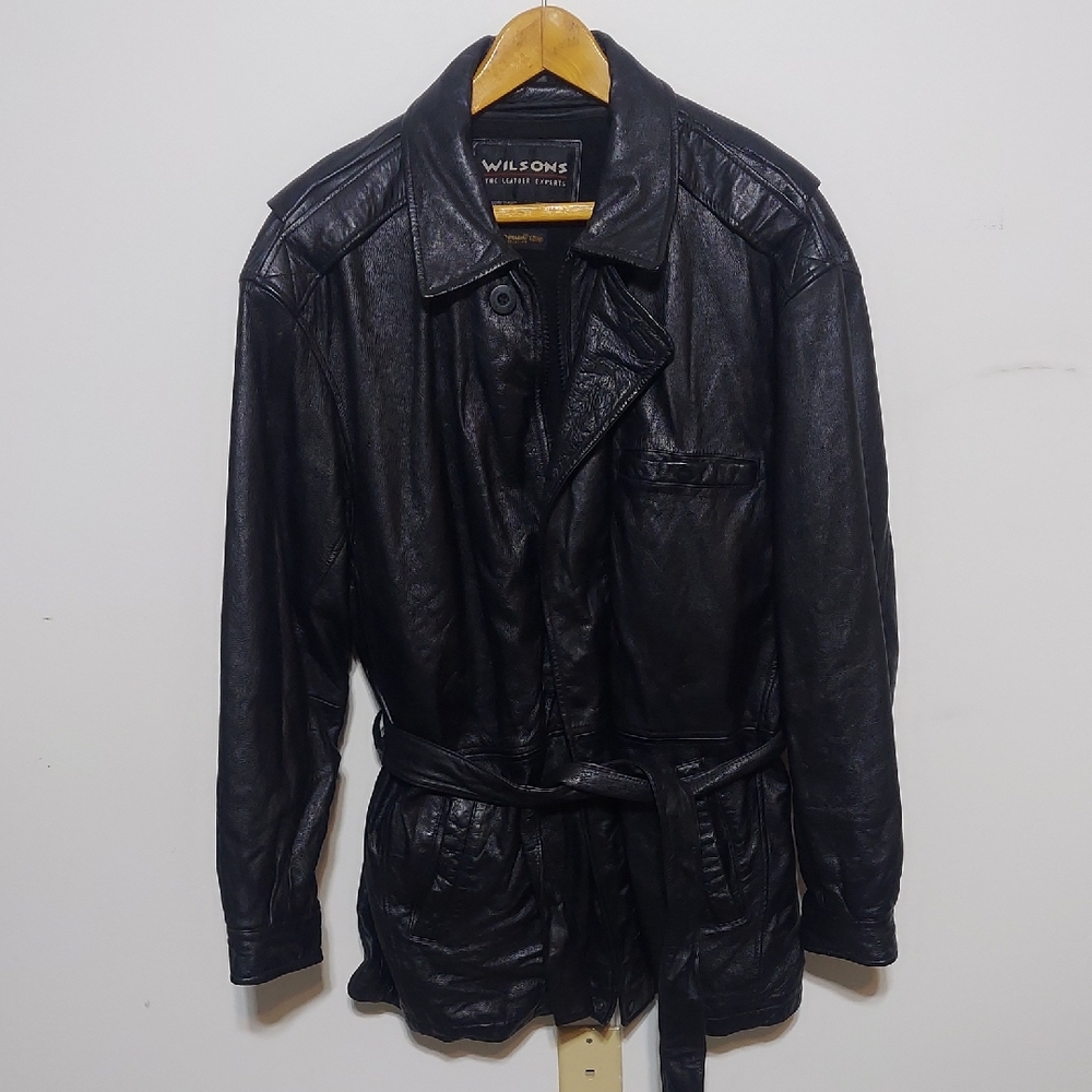 Vintage Wilson Black Leather Trench Coat With Zip-out Thinsulate Liner for Men